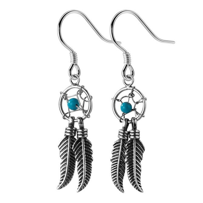 Khuyên tai bạc 925 thiết kế dream catcher đá xanh phong cách độc đáo trẻ trung mới lạ Dế Bạc - K5464