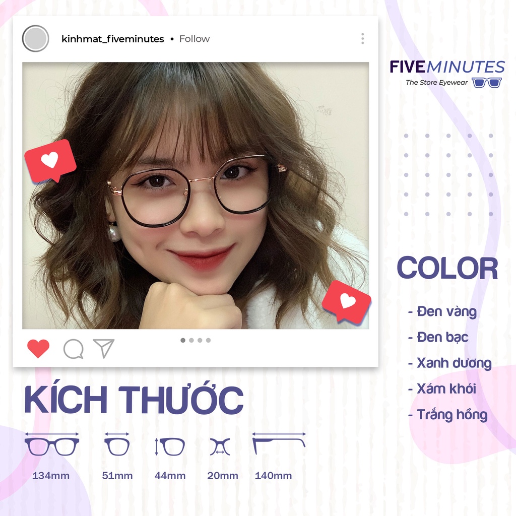 Gọng kính nam nữ, Kim loại kèm viền nhựa nhiều màu Five Minutes 2137 dáng Basic dễ đeo 2023