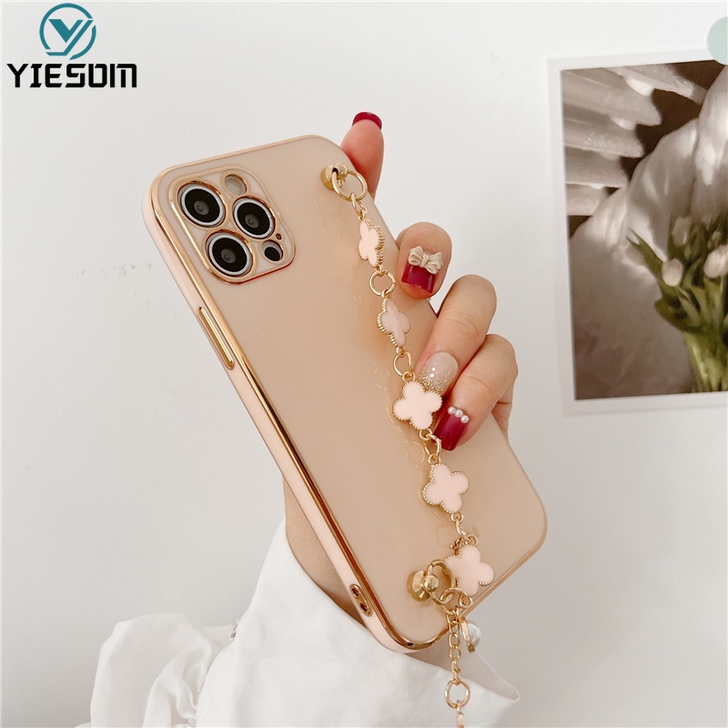 Ốp Điện Thoại Silicon Mềm Họa Tiết Lá May Mắn Có Dây Đeo Tay Cho iPhone 13 12 11 Pro Max