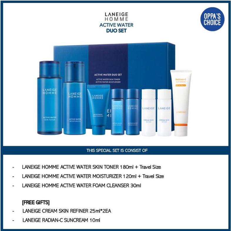 SET CHĂM SÓC DƯỠNG DA CHO NAM LANEIGE HOMME ACTIVE WATER DUO SET (TONER + MOISTURIZER + GIFTS)