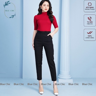 Quần baggy nữ Blue Chic lưng cạp cao đai vải vuông cúc lệch đồ công sở đi học form đẹp màu đen be