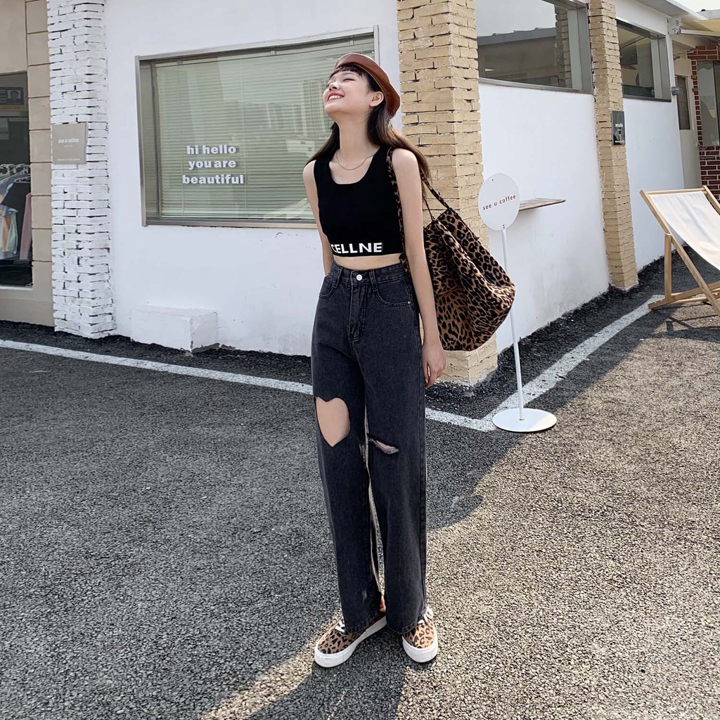 DEAL SỐC_Quần Jeans Nữ Ống Suông Đen Cắt Tim Cao Cấp OHS3902