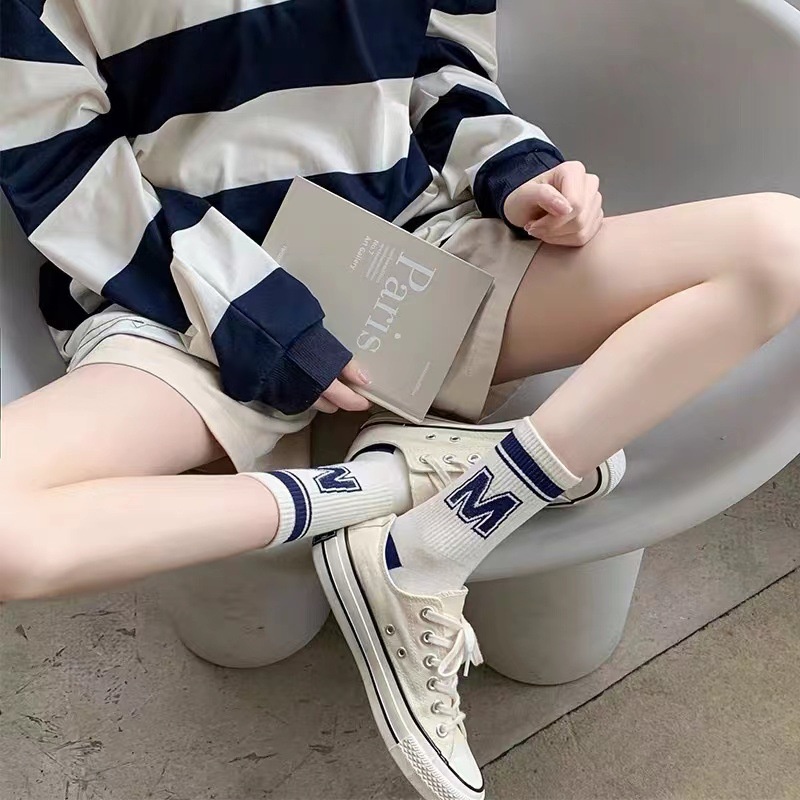 Vớ Cotton Cổ Cao Vừa In Chữ Màu Xanh Navy Thời Trang Cho Nam Và Nữ