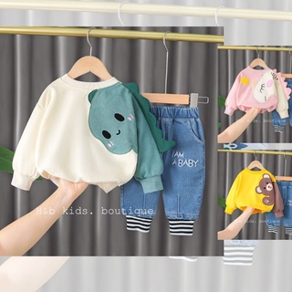 Quần áo trẻ em, bộ thu đông cho bé, dài tay bé trai, set thu đông áo da cá quần jean