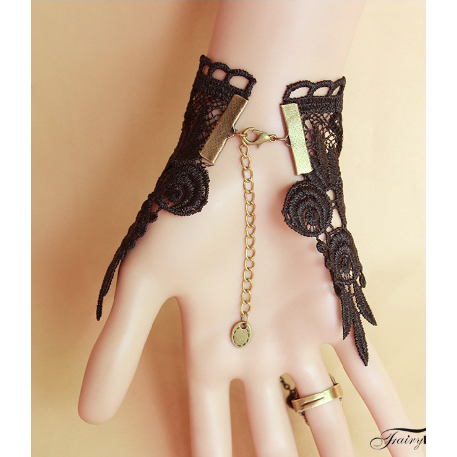 Vòng tay choker nữ ren đen đính nhẫn hoa hồng phong cách quý phái