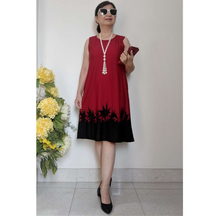 Size L, XL : Váy Đầm Trung Niên Sát Nách - Thun Aty Co Giãn Thoải Mái - Form Suông Che Bung