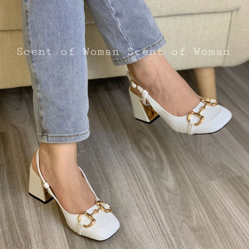 Giày cao gót nữ mũi vuông gắn khoá thời trang gót trụ cao 7.5cm