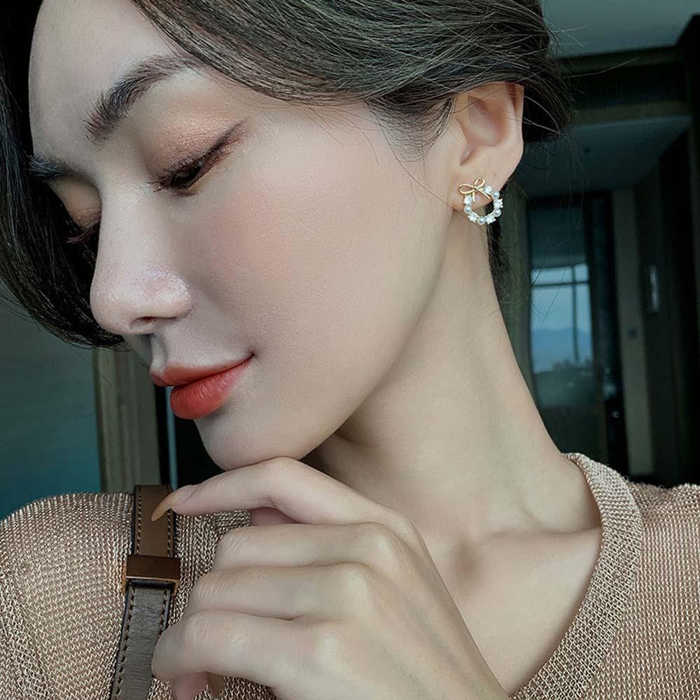 Bông Tai Hình Nơ Bằng Hợp Kim Đính Ngọc Trai Giả Nhiều Màu Sắc Thời Trang Dành Cho Nữ