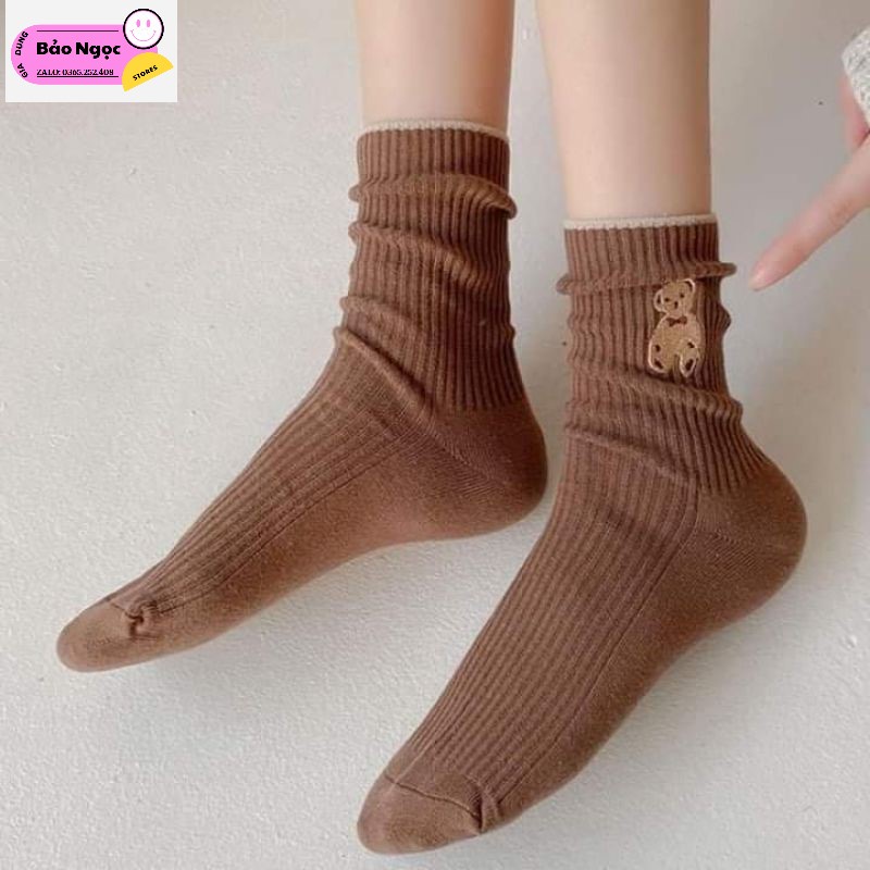 Tất Cổ Cao Cotton Nhiều Màu In Hình Gấu Đáng Yêu Đẹp Mắt Kiểu Hàn Quốc Cho Nữ