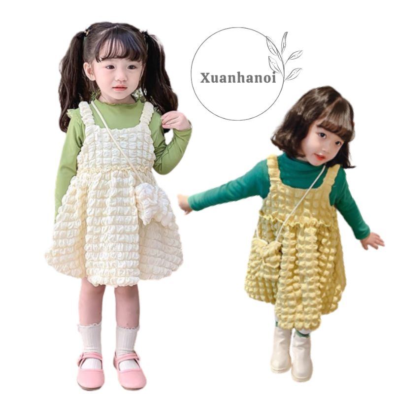 Váy bé gái đũi xốp nhăn váy 2 dây yếm và áo rời kèm túi đeo chéo XHN1058