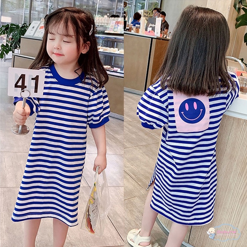 Đầm Thun Tay Ngắn Họa Tiết Sọc Lưng Thời Trang Mùa Hè Cho Bé Gái