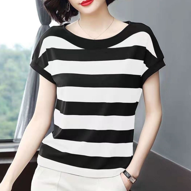 Áo thun tay ngắn dáng rộng họa tiết kẻ sọc thời trang mùa hè cho phụ nữ trung niên