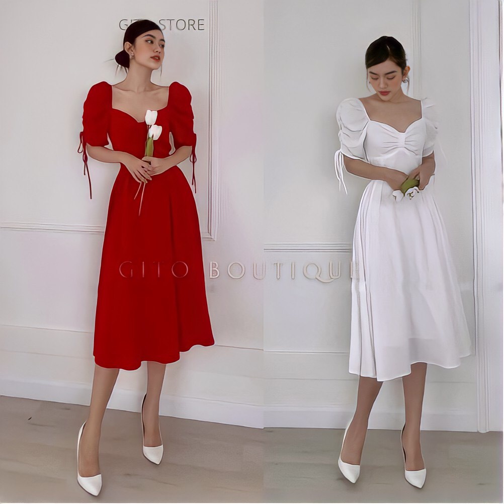 VÁY ĐỎ TRẮNG TAY BỒNG RÚT – ĐẦM MIDI DỰ TIỆC NƠ NGỰC DÁNG XÒE – GD211