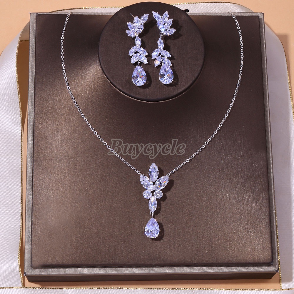Bộ Vòng cổ + Bông Tai Đính Đá Zircon Sang Trọng Thời Trang Cho Cô Dâu