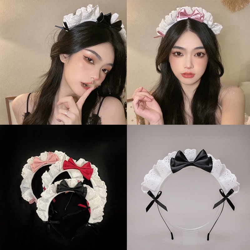 Băng đô cài tóc phối nơ ren màu đen phong cách retro Nhật Bản dành cho nữ