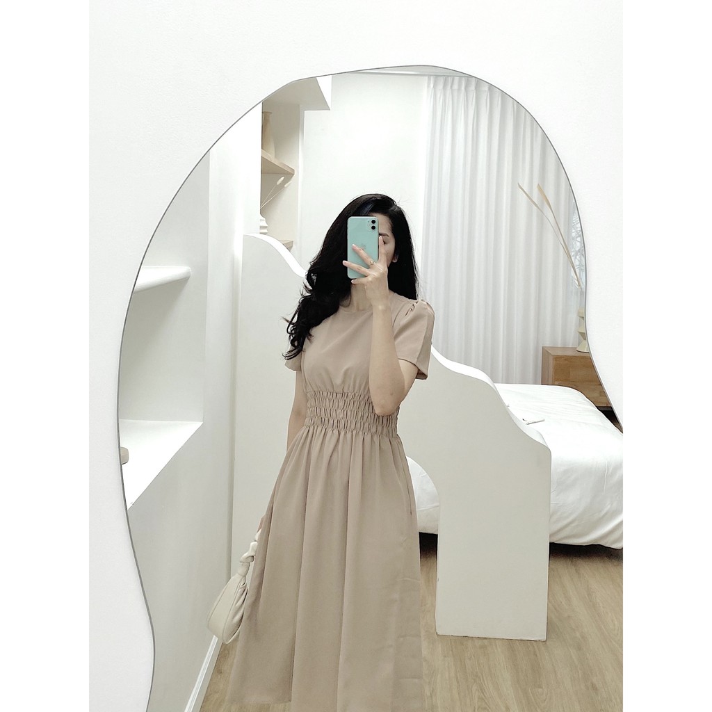 YU CHERRY | Đầm midi nữ cổ tròn, dáng dài, tay ngắn, thun quấn eo kiểu dáng cổ điển Midi Dress YD124