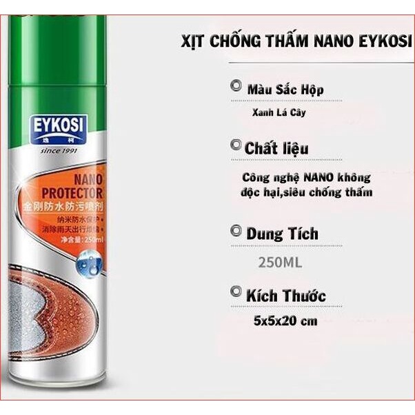 Bình xịt giày chống thấm nước chống bẩn EYKOSI nano bạc 250ml, chai xịt chống thấm nước mưa giày dép, quần áo, túi xách