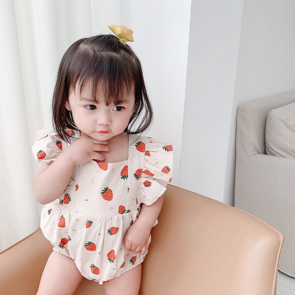 Bộ Áo Liền Quần Hở Lưng In Họa Tiết Dâu Tây Thời Trang Mùa Hè Cho Bé Gái