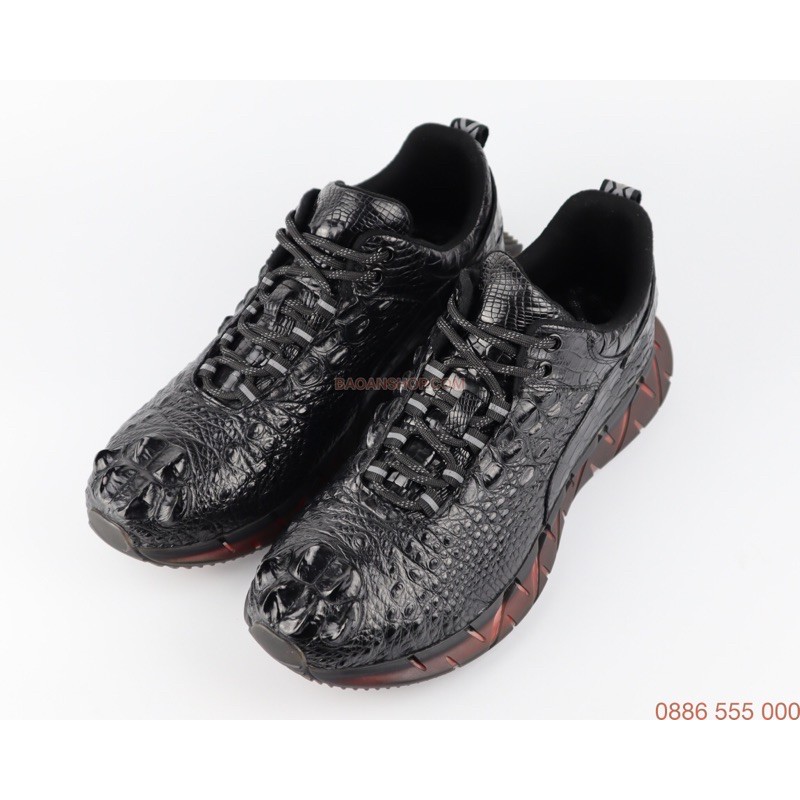 Giầy da dành cho nam, dáng thể thao màu đen được làm từ da cá sấu thật khâu tay