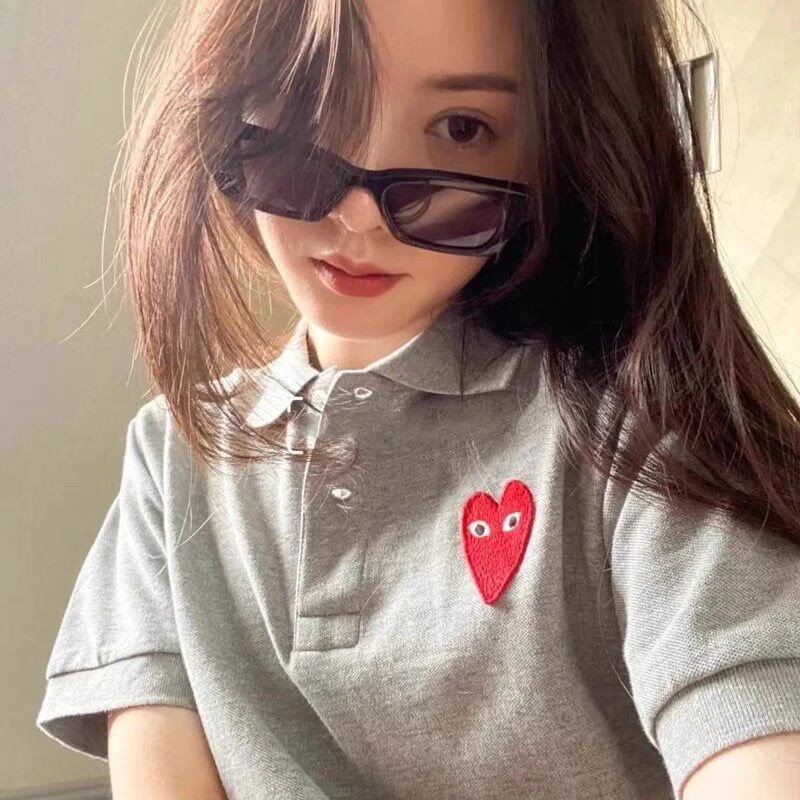 Play CDG Áo Thun POLO Ngắn Tay Thêu Hình Trái Tim Phong Cách Cổ Điển