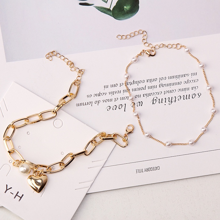 Vòng tay mặt trái tim đính ngọc trai giả phong cách Hàn Quốc cho nữ