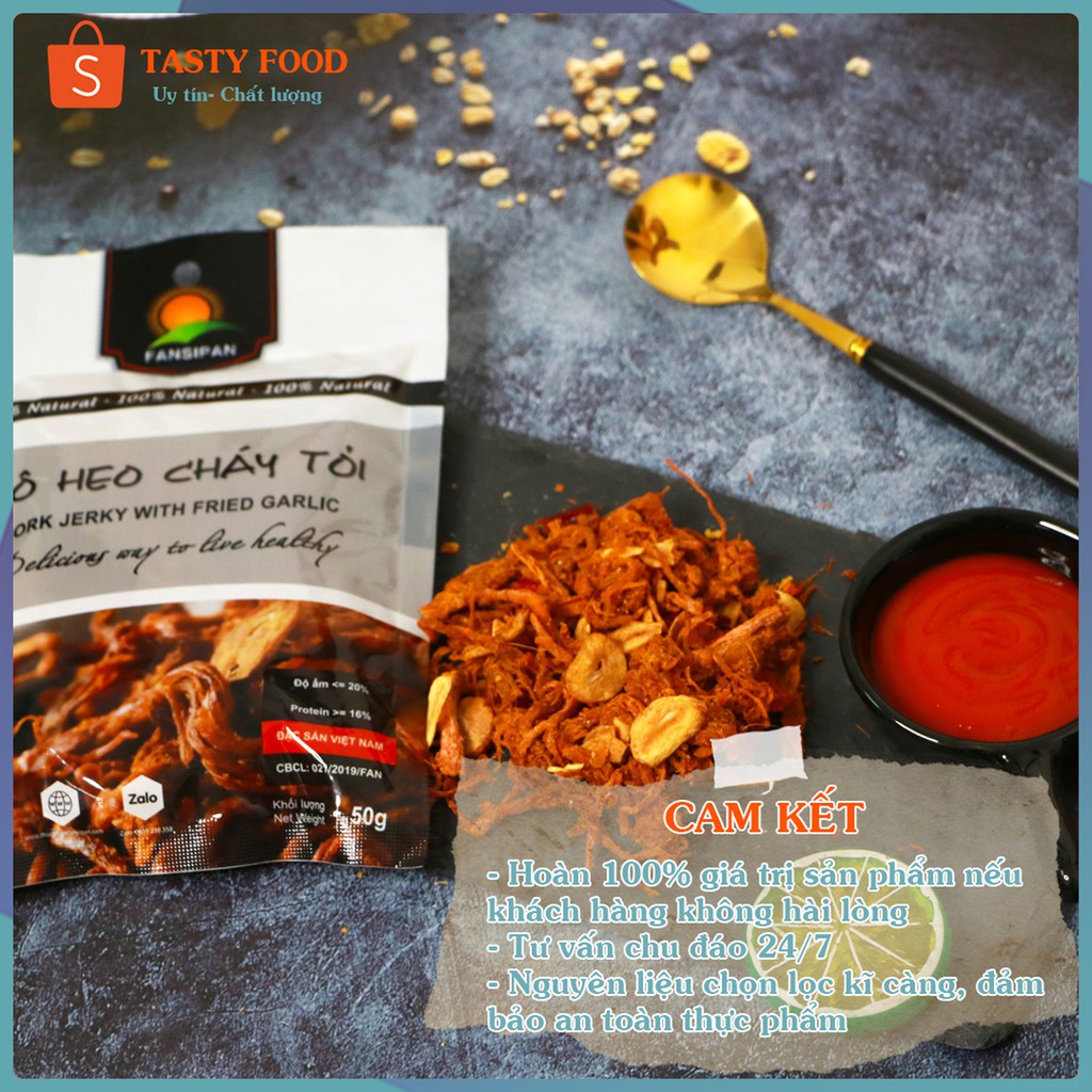 KHÔ HEO CHÁY TỎI Fanxipan thượng hạng loại 50g, gói heo khô cháy tỏi thơm ngon đậm vị, khô heo loại 1 đảm bả | BigBuy360 - bigbuy360.vn