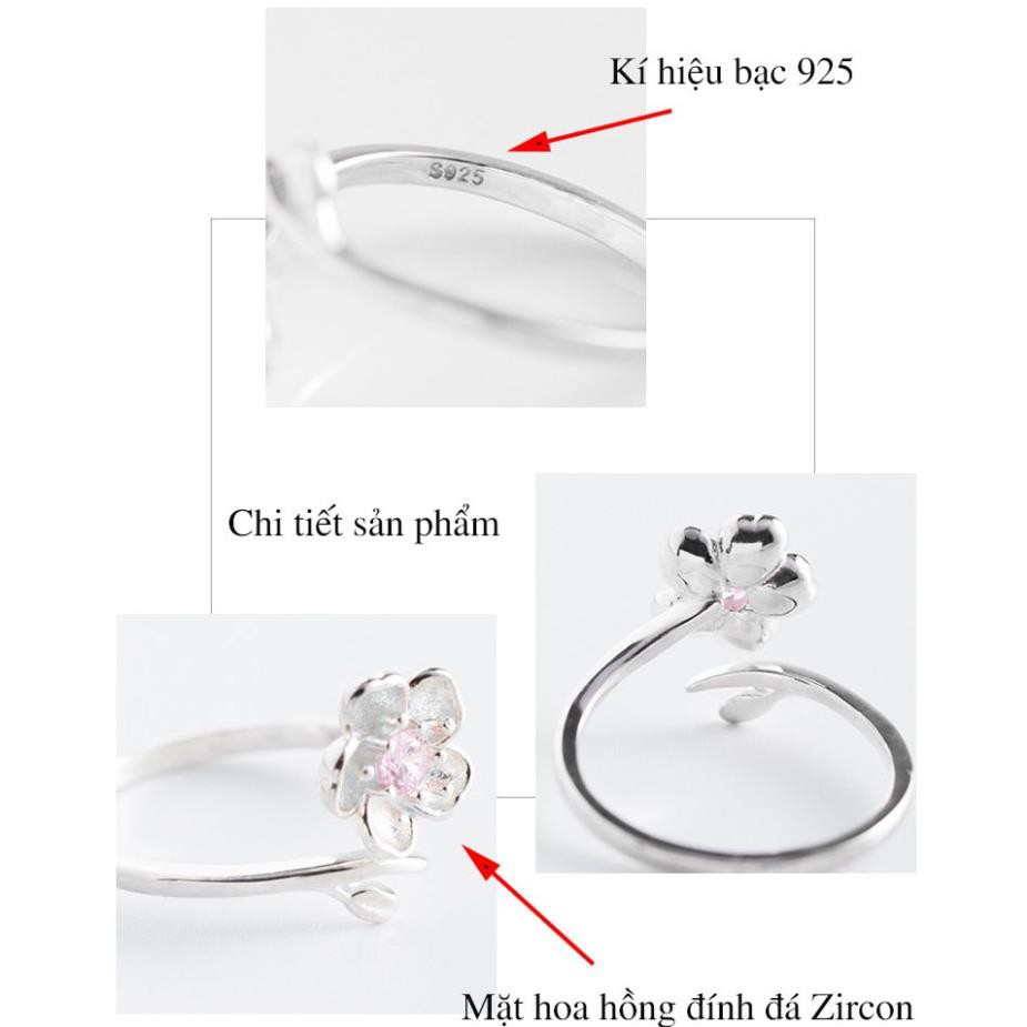 Nhẫn bạc nữ Freesize,tự điều chỉnh Size,phù hợp mọi kích thước tay cánh hoa hồng  - bạc ngọc tân - bạc nguyên chất