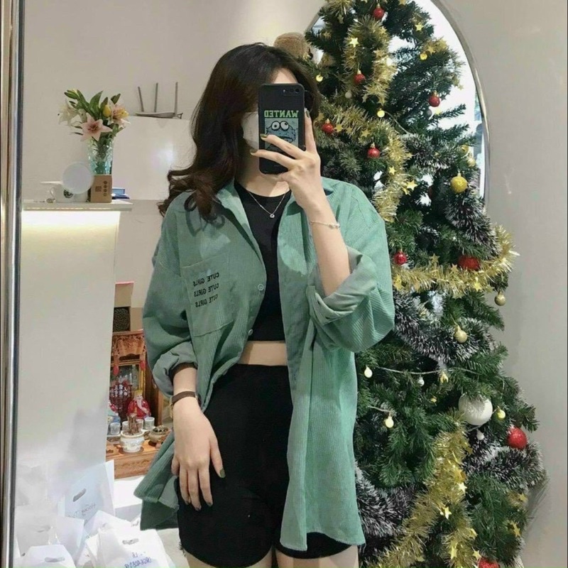 Áo sơ mi nhung tăm khoác oversize có túi dành cho nữ MTheu - AN STORE