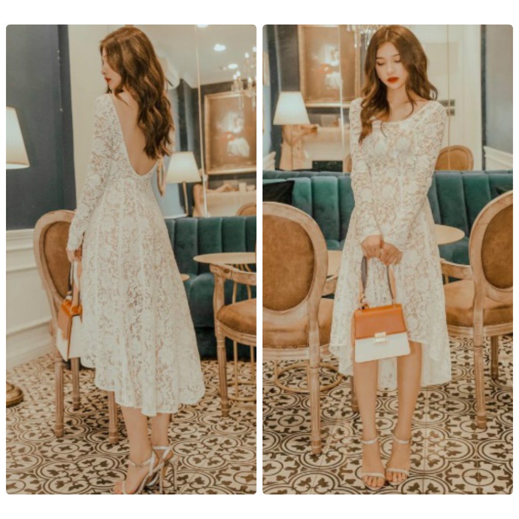 Đầm ren tay dài hở lưng đuôi tôm