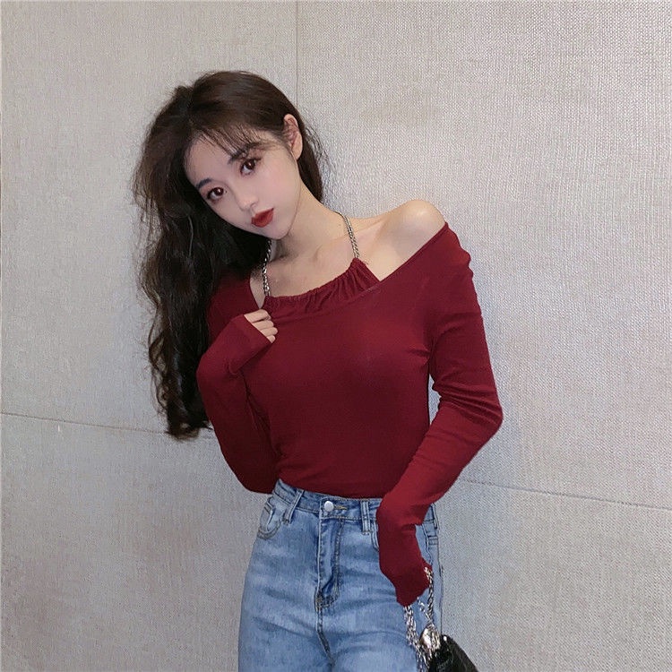 Áo thun COZOKC tay dài trễ vai cổ yếm dáng ôm thời trang quyến rũ cho nữ