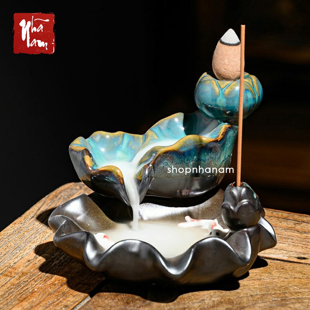 Thác khói trầm hương để bàn tặng 1 nụ trầm thác lá sen lam ngọc 4 tầng