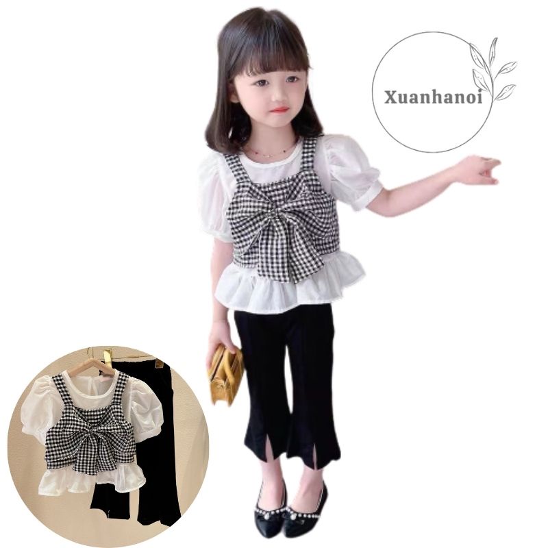 Xả hàng_Bộ bé gái áo nơ kẻ caro đen trắng và quần loe gấu 10-30kg XHN935