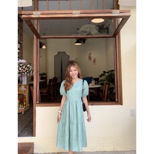 Đầm linen tầng xanh ngọc
