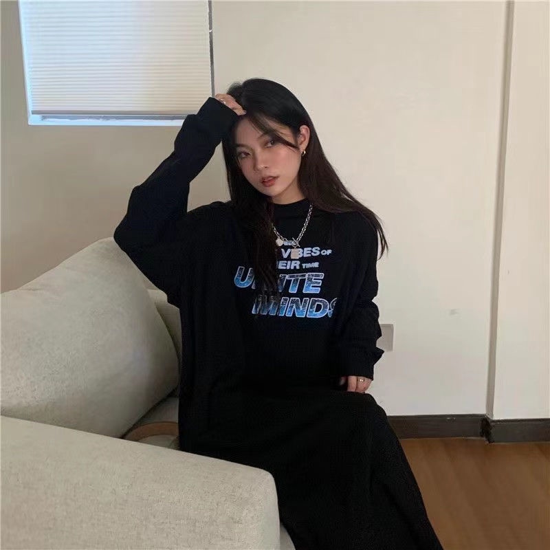 Đầm Nỉ Nữ Dài Tay Cổ Tròn Form Dài Rộng Thời Trang Hàn