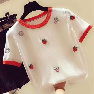 Áo Thun Dệt Kim Mỏng Dáng Rộng Cổ Tròn Thêu Họa Tiết Phong Cách Hàn Quốc Cho Nữ