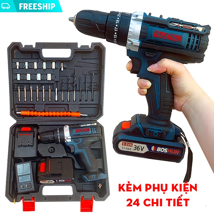 MÁY KHOAN PIN BẮT VÍT BOSHUN 36V - 3 CHỨC NĂNG - ĐẦY ĐỦ ĐỒ NGHỀ - KHOAN TƯỜNG BẮN VÍT