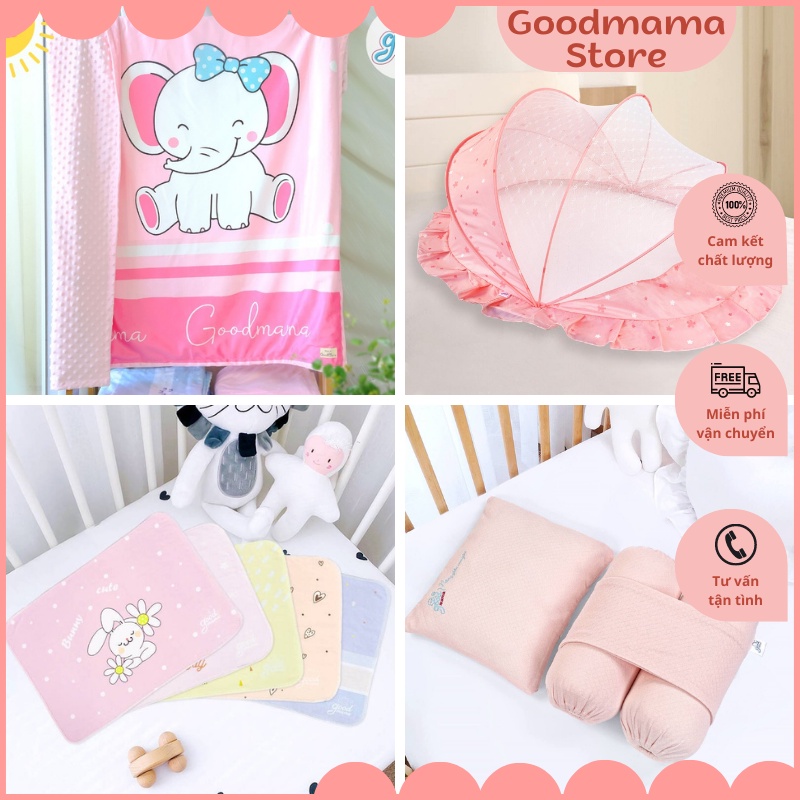 Combo 4 món đồ ngủ sơ sinh dành cho bé gái Goodmama: Màn chụp, bộ gối chặn, lót chống thấm, chăn đắp
