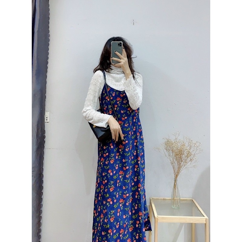 Váy hai dây hoa nhí vải nhung tăm suông A  VKE 9176-9 Ulzzang style 🌸 Hàng Quảng Châu