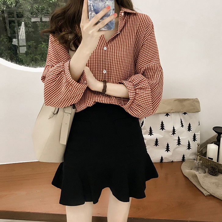 Áo sơ mi tay phồng dài kẻ sọc thiết kế trẻ trung cho nữ