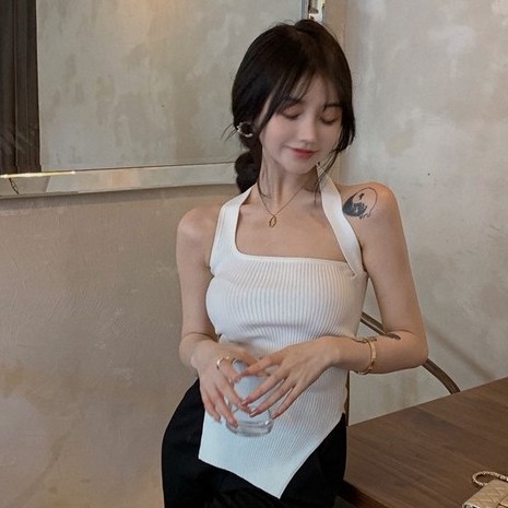 QADCOL Áo dệt kim hai dây màu trắng thời trang cho nữ