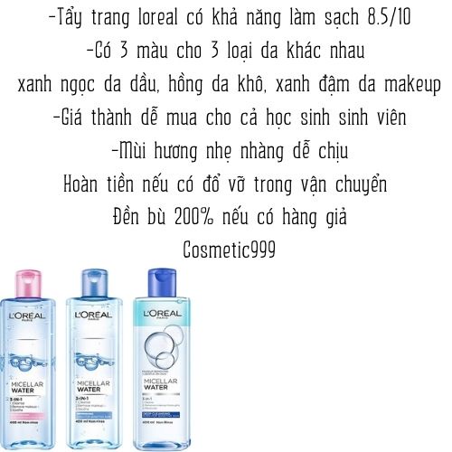 Nước tẩy trang Loreal Micellar chính hãng dành cho da dầu mụn da khô da nhạy cảm Cosmetic999