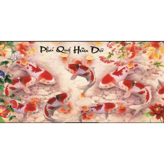 (TRANH CHƯA ĐÍNH ĐÁ)Tranh đính đá 9 con cá Phú quý hữu dư