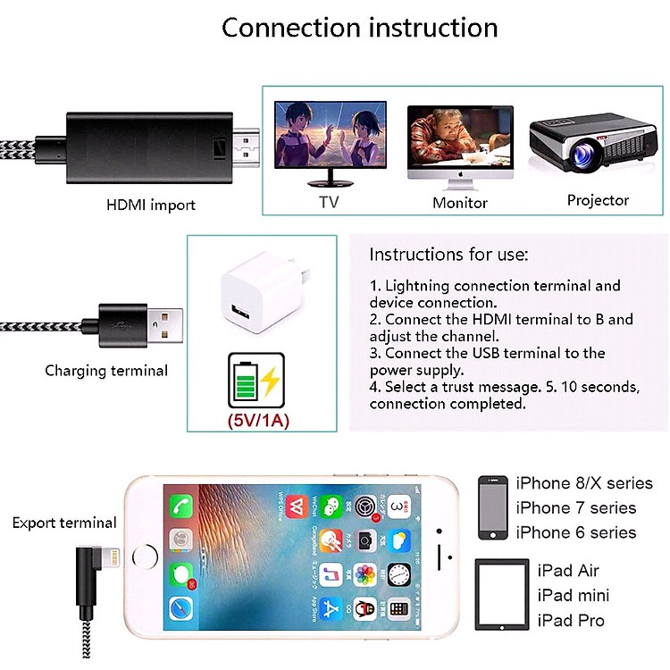 Dây cáp Lightning to HDTV Cáp Iphone X/Xs/8 Plus/7/6 S/ 6/5 S Chuyển Đổi IPad, IPhone Với Tivi Video Máy Chiếu