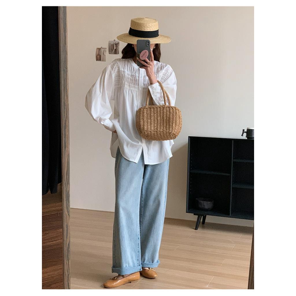 Áo Sơ Mi Trắng Tay Phồng Xếp Ly Kiểu Pháp Thời Trang Mùa Xuân Kiểu Mới 62686