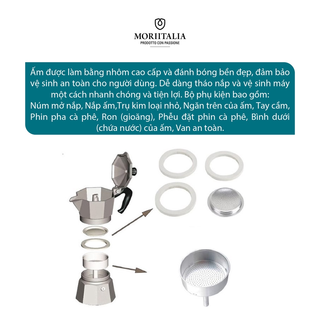 Bình pha cà phê Bialetti chính hãng 100% xuất xứ Ý, Moka 3 cup, chất liệu nhôm cao cấp Moriitalia 990001162