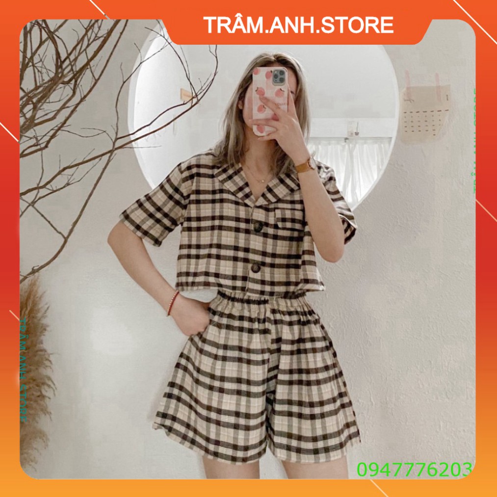 💝👗 (new) SET ĐỒ NỮ ÁO VEST KẺ CROPTOP + QUẦN ĐÙI KẺ - Set Trang Phục Nữ Áo Croptop Vest Caro Phối Qu