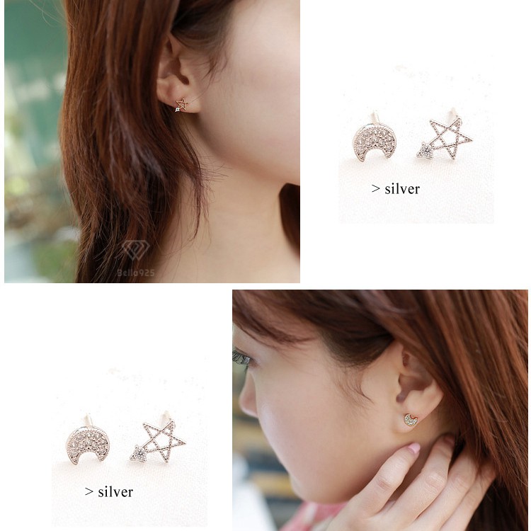 Bông tai hình trăng và sao bạc 925 hàng hộp sang trọng khuyên tai Bella925 YC110
