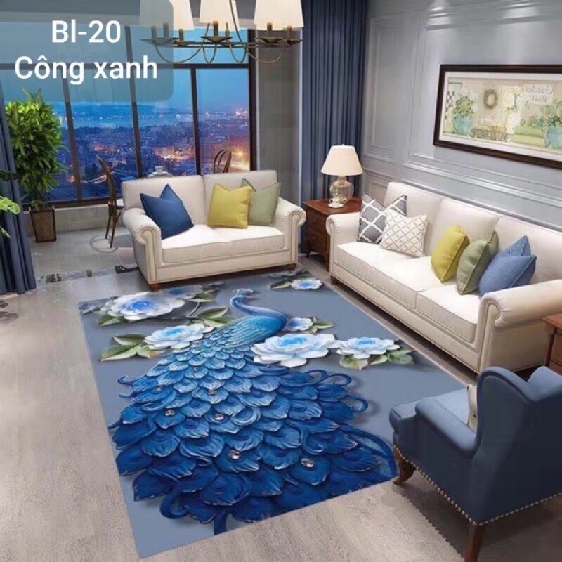 thảm trải sàn bali 5D mẫu con công xanh 2mx3m kèm ảnh thật