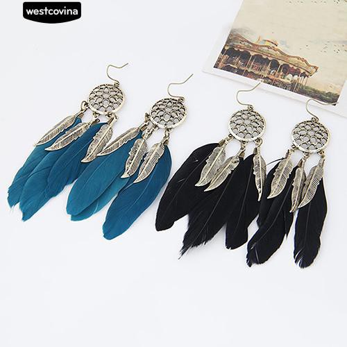 Cặp bông tai tua rua phối lông vũ thời trang nữ cổ điển