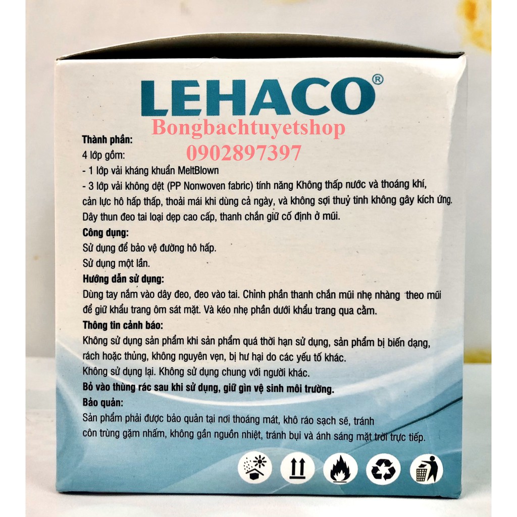 Khẩu trang Màu Trắng Lehaco 4 lớp kháng khuẩn 50 cái/ hộp - Khẩu trang y tế Lehaco